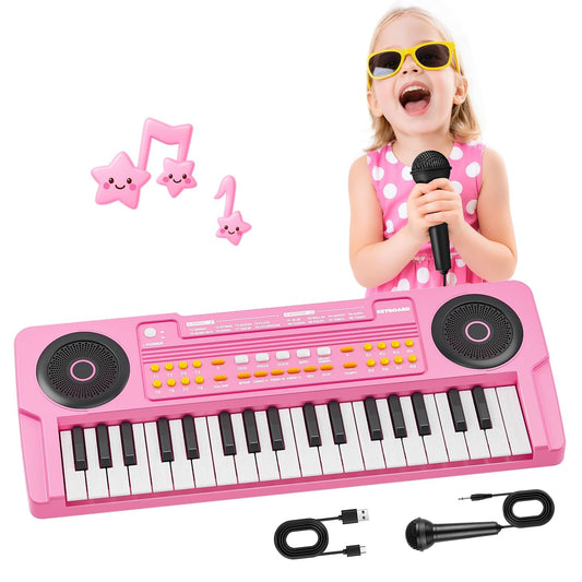 MusicForset 37-key pink keyboard front view ideal for portable practice on the go.