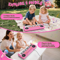 MusicForset 37-key keyboard with microphone in use, perfect for sing-along play.