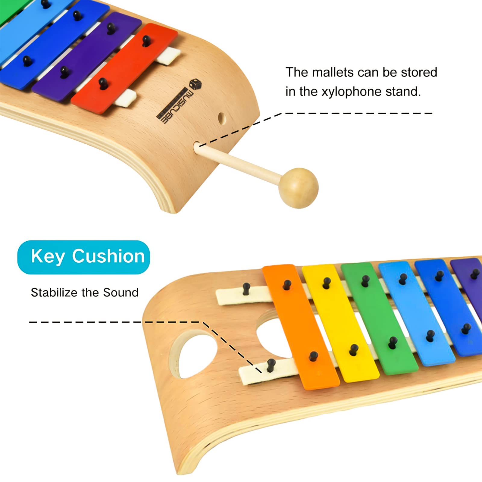 Musicube xylophone safety design with rounded edges and non-toxic wood.