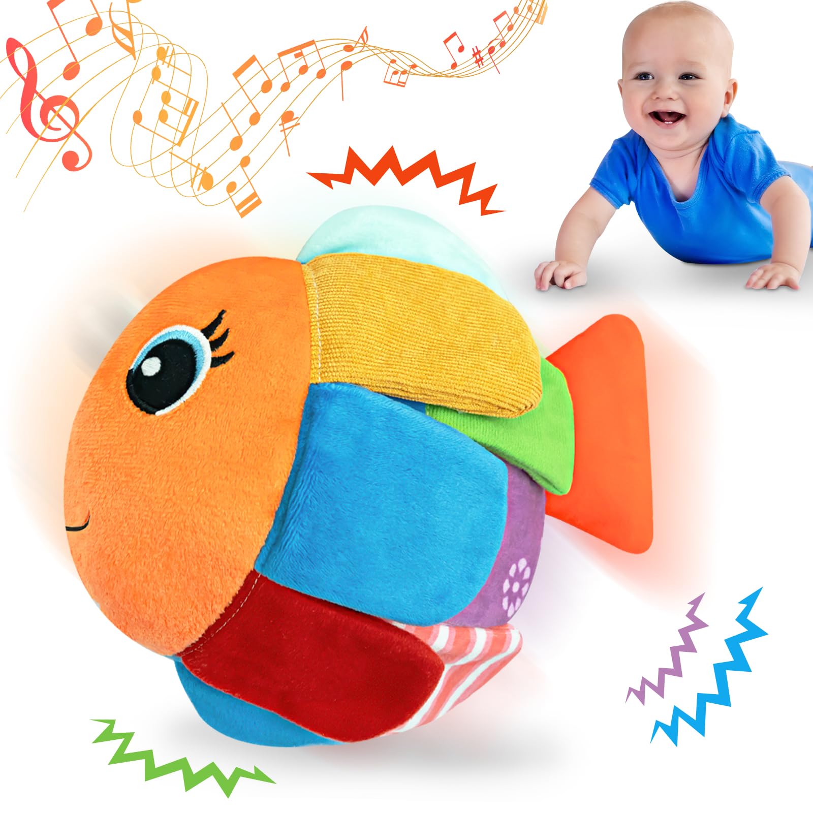 MUUHU Crawling Baby Fish Toy front view showing soft plush for tummy time and safe exploration