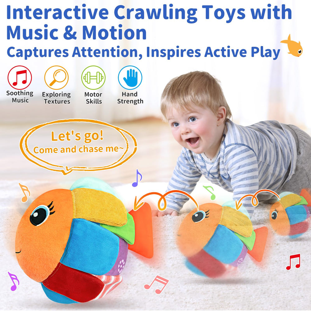 MUUHU Crawling Baby Fish Toy side view highlighting motion that encourages crawling play