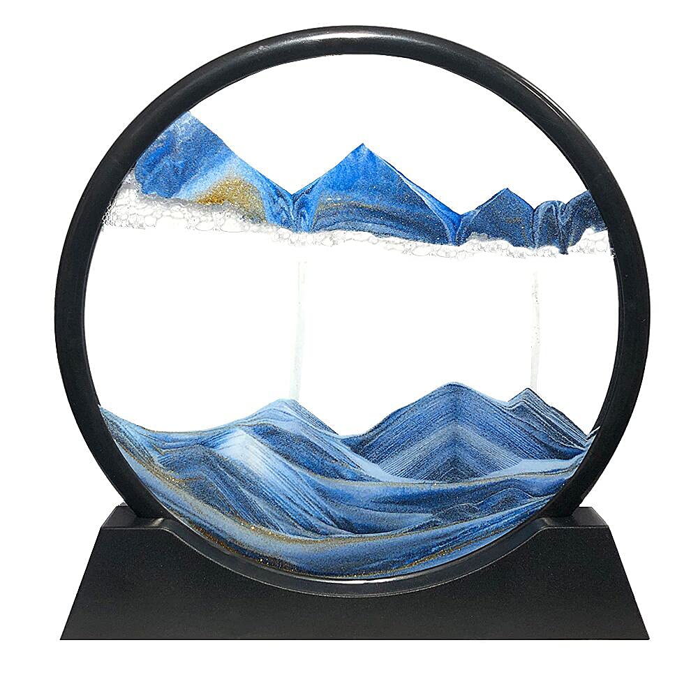 Muyan moving sand art blue round glass—calming desk sculpture for focus