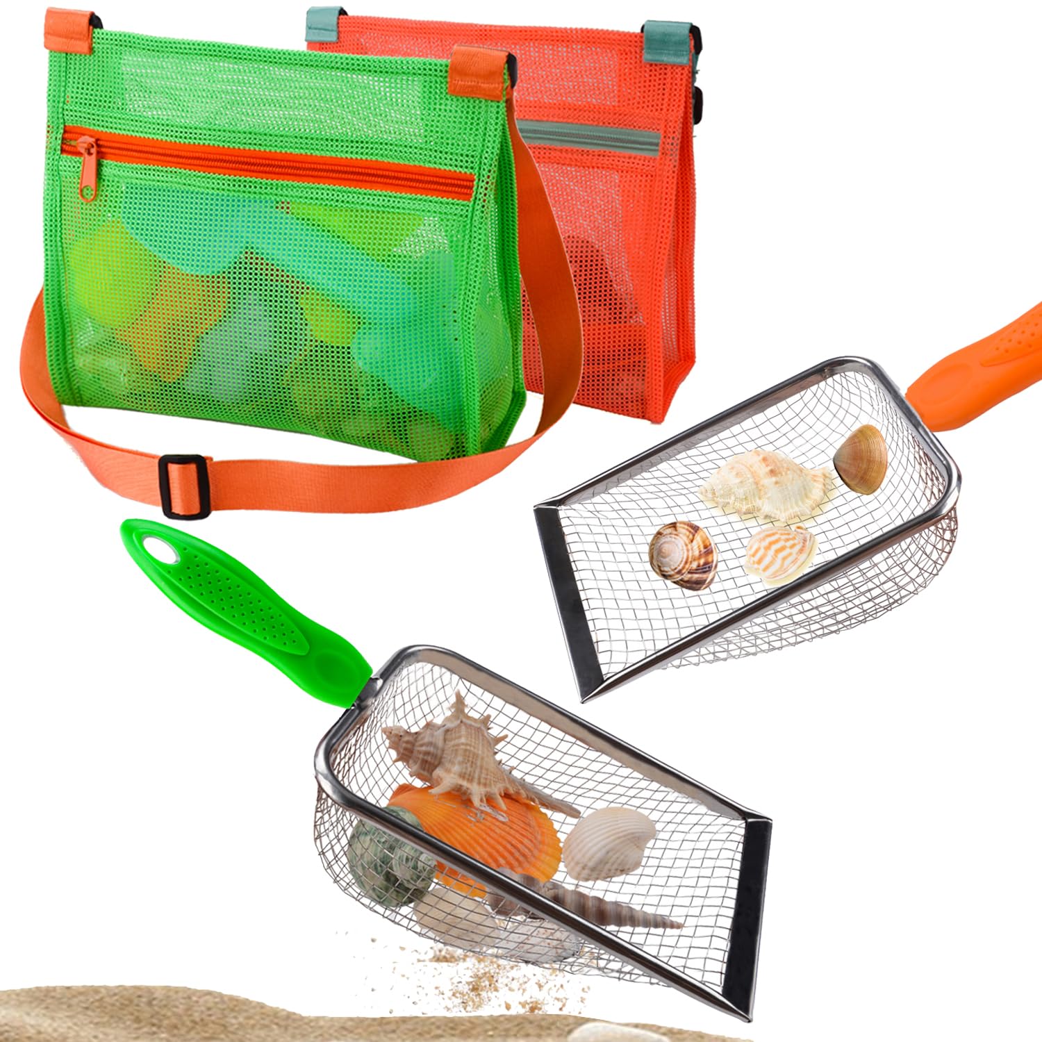 MUYIZI beach mesh shovel in orange and green filters sand to find shells.