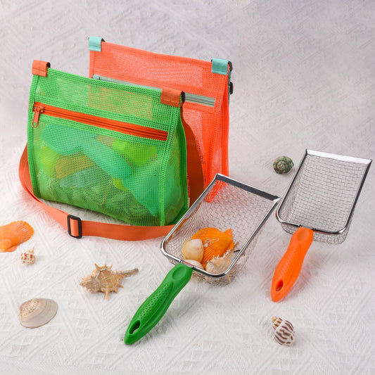 MUYIZI seashell bag in orange-green collects shells during family beach trips.