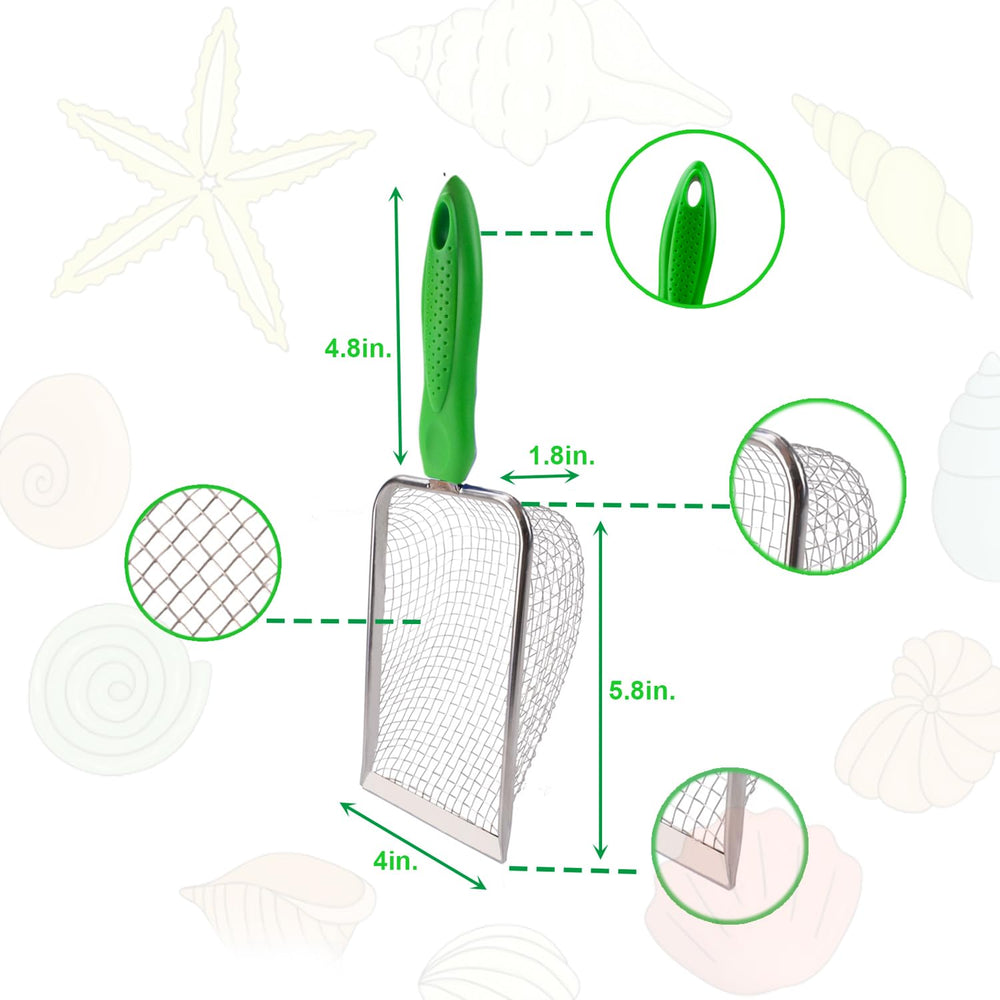 MUYIZI shark teeth dipper demonstrates beach treasure hunting with sturdy mesh.
