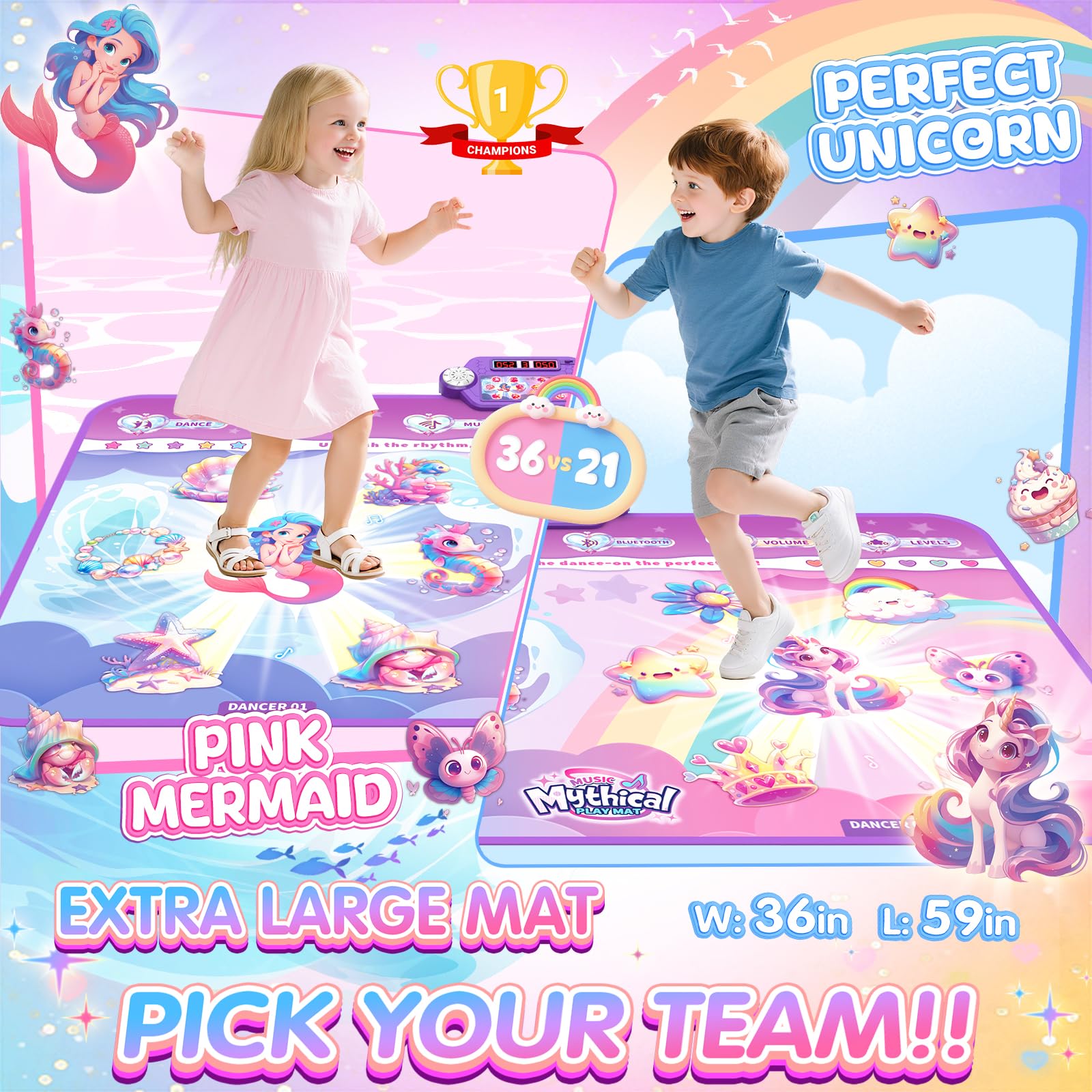 Two-player setup on the MUZREES unicorn dance pad