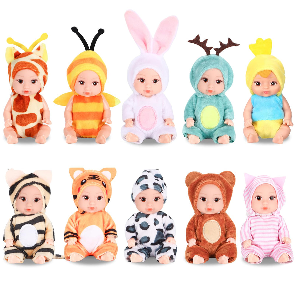 MXSYSHYJ mini 4-inch open-eye doll with bee-pattern outfit for imaginative storytelling.