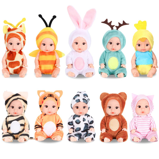 MXSYSHYJ mini 4-inch open-eye doll with bee-pattern outfit for imaginative storytelling.