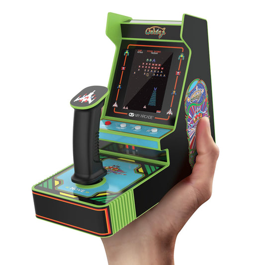 My Arcade Galaga joystick side profile highlighting compact handheld design.