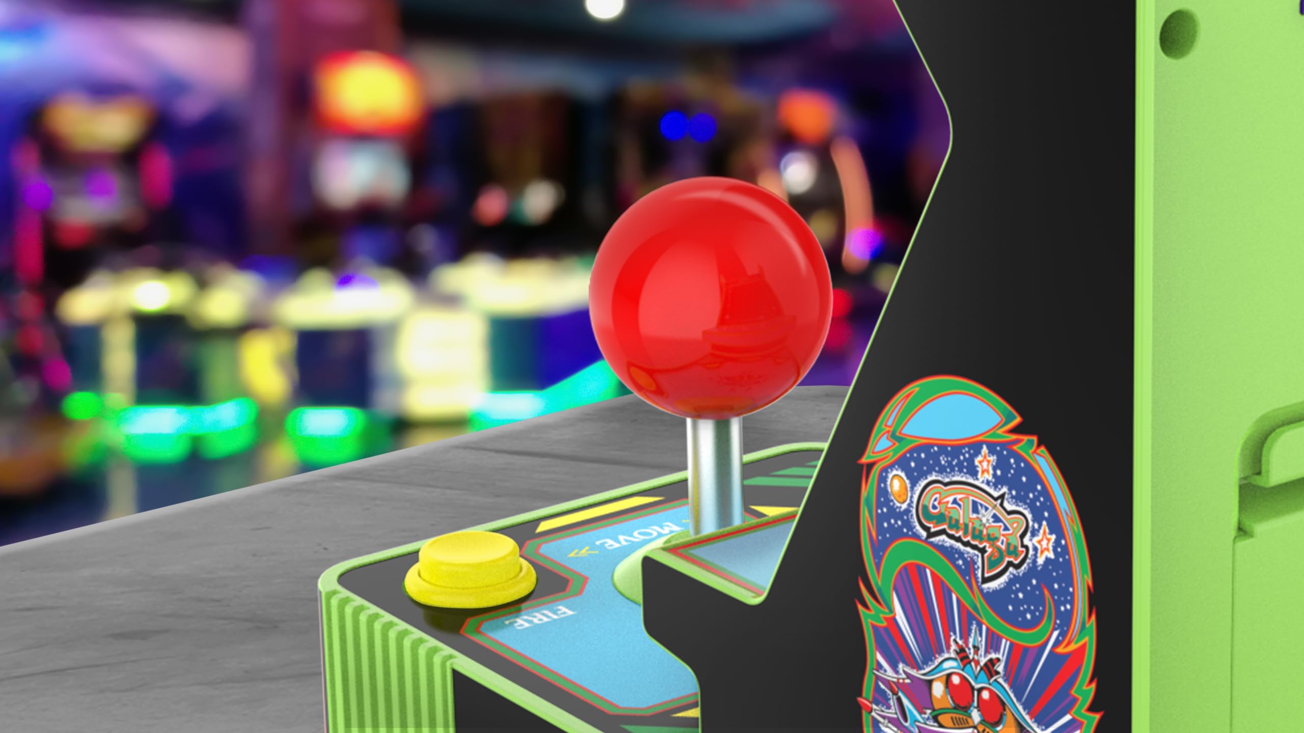 My Arcade Galaga red joystick portability on-the-go gaming with power options