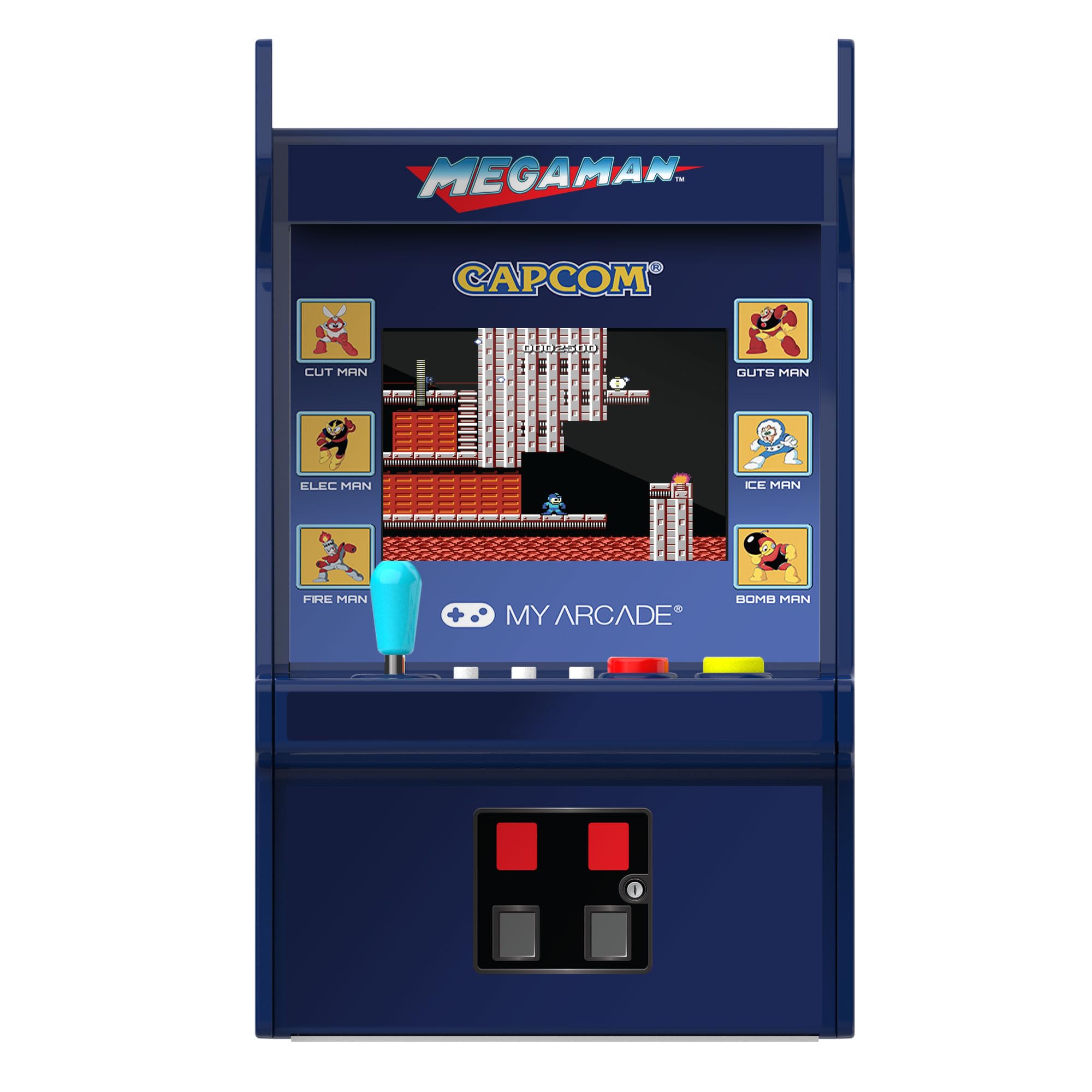 My Arcade Mega Man Micro Player Pro display with the complete Mega Man lineup for collectors.