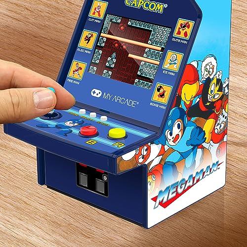 My Arcade Mega Man Micro Player Pro display close-up highlighting vibrant 2.75-inch color screen.