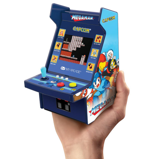 My Arcade Mega Man Micro Player Pro front view, compact retro handheld design ideal for on-the-go play.