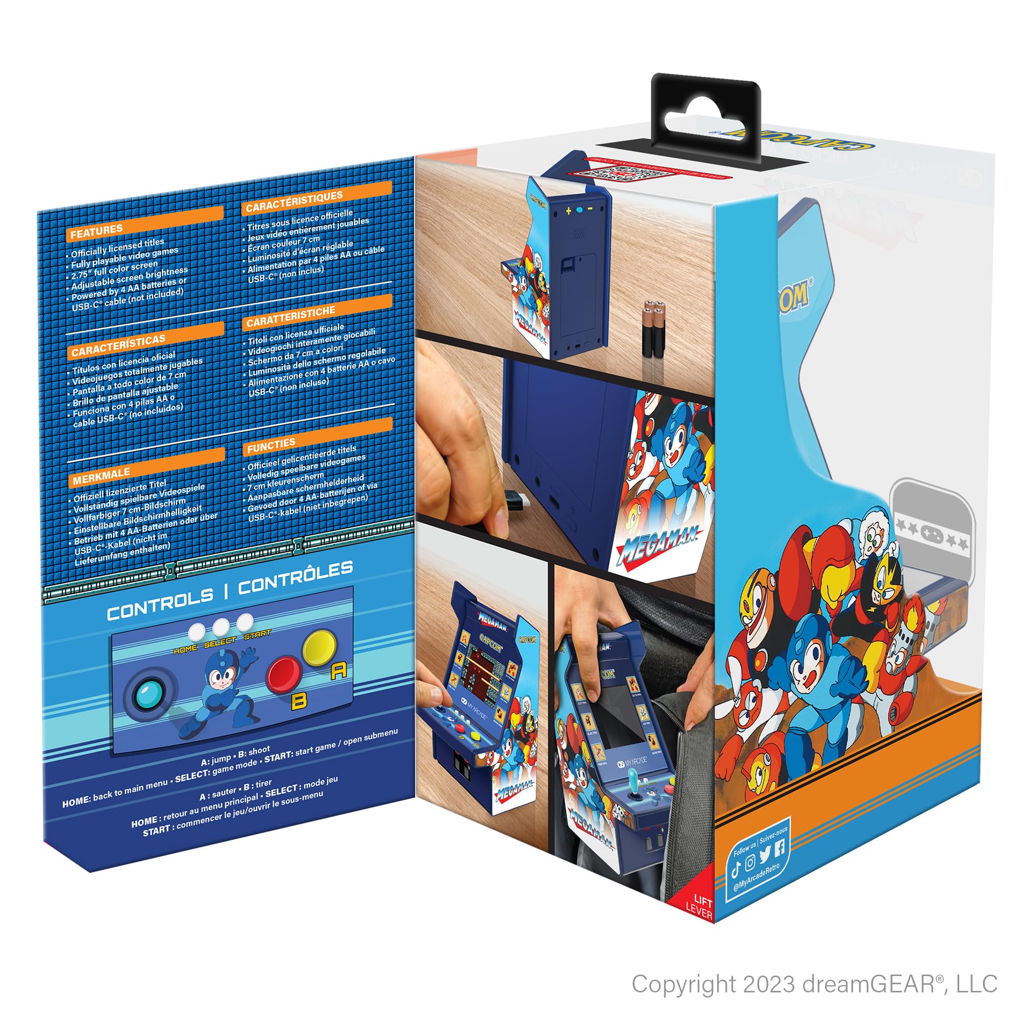 My Arcade Mega Man Micro Player Pro on a desk, perfect for displaying retro gaming nostalgia.