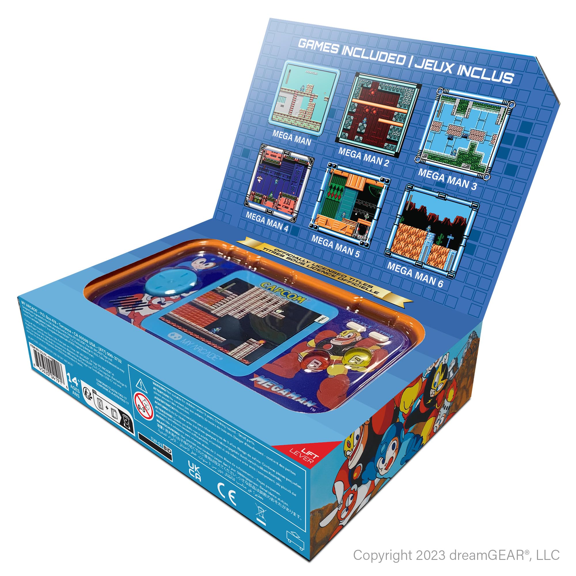 My Arcade Megaman Pocket Player Pro six-game collection on screen.
