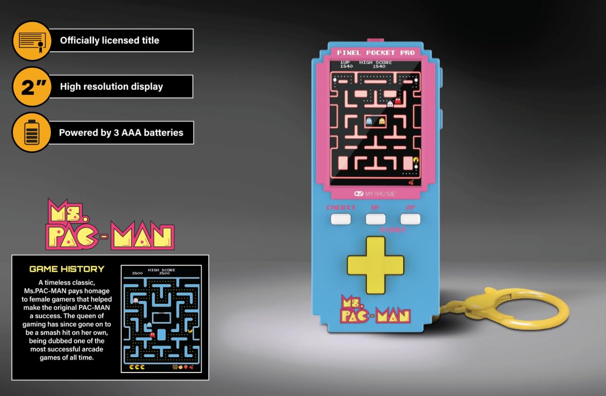 Requires three AAA batteries for flexible, on-the-go play with the Ms. Pac-Man Pocket Pro.