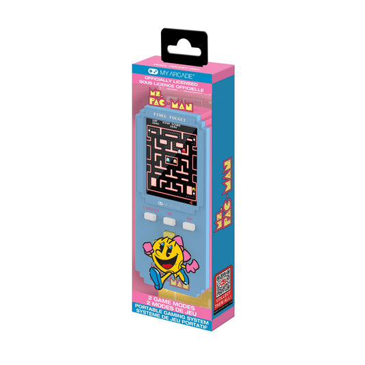 My Arcade Ms. Pac-Man Pixel Pocket Pro display offers crisp 2-inch vertical color graphics for on-the-go nostalgia.