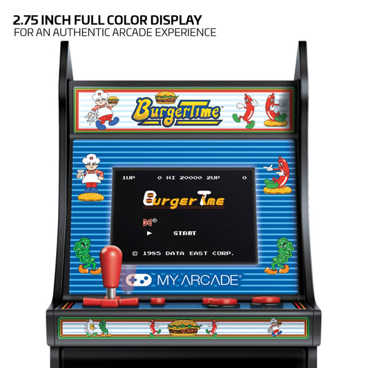 My Arcade Namco Micro Player Burgertime side art highlights collectible styling for shelves.