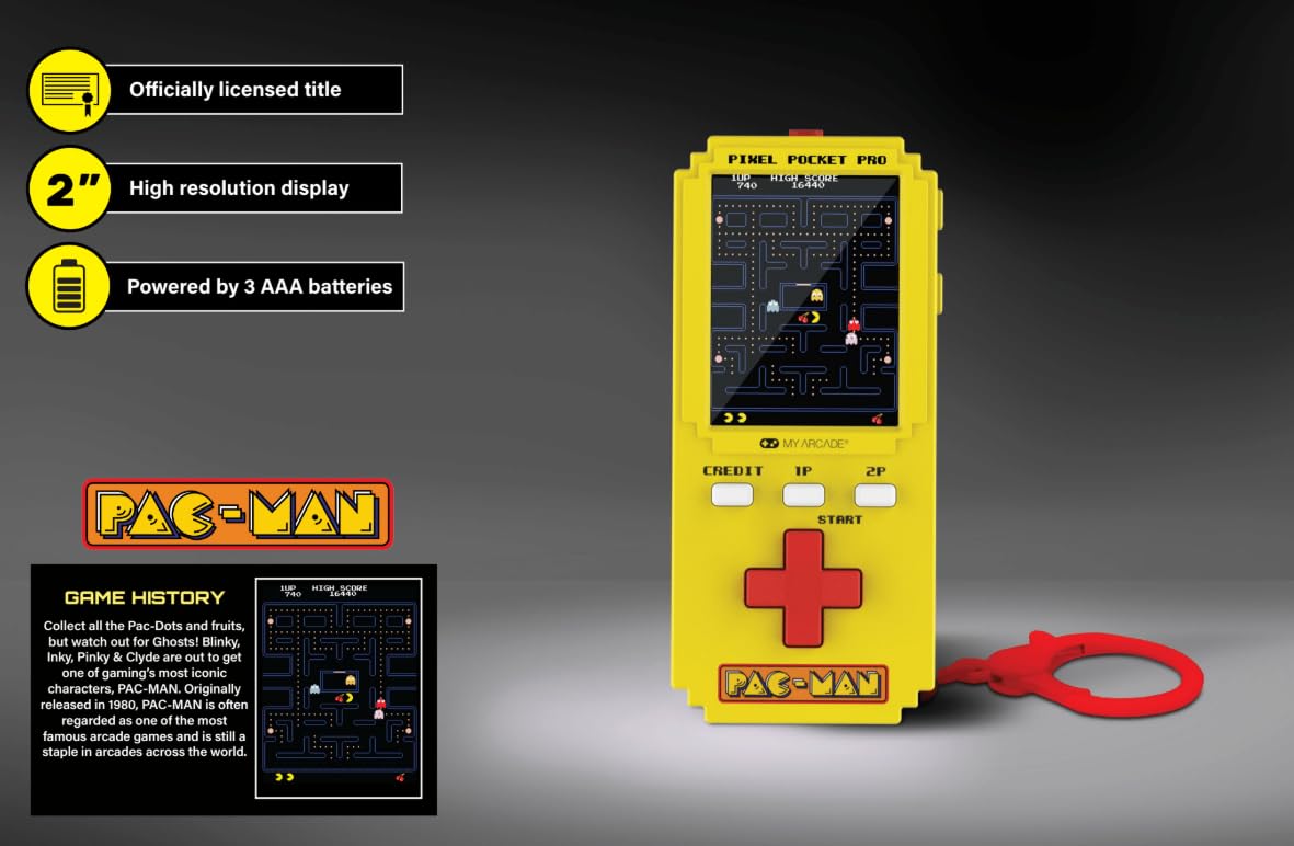 My Arcade Pac-Man Pixel Pocket Pro retro design evokes classic arcade vibes in a pocket-sized form.