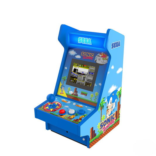 My Arcade Sonic Mighty Player front view shows compact retro cabinet on a desk