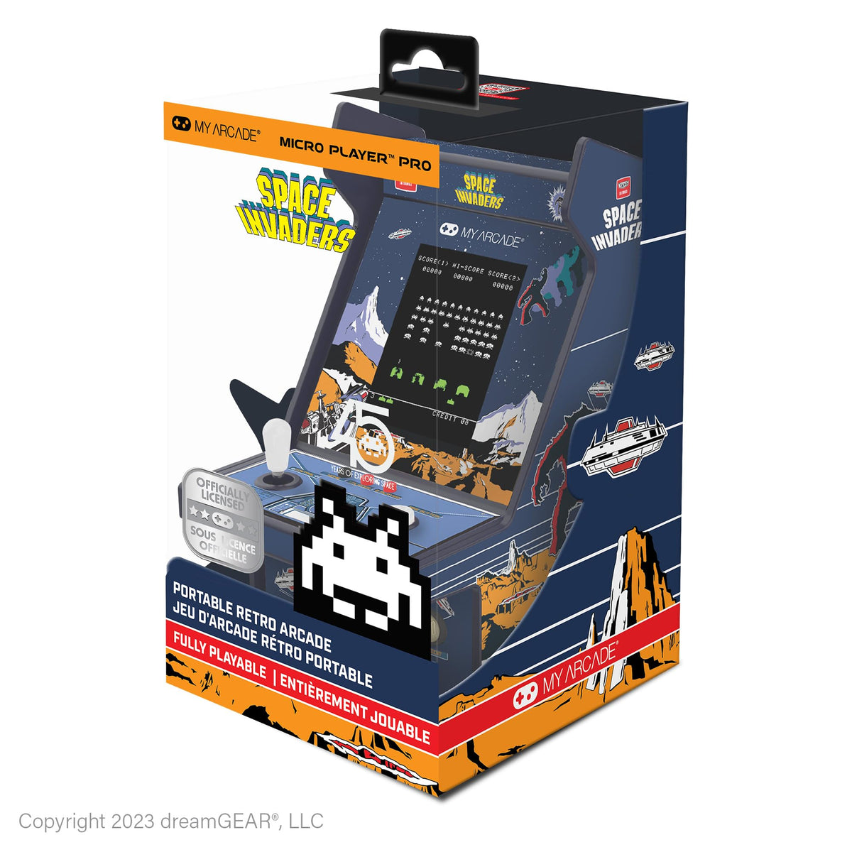 My Arcade Space Invaders Micro Player Pro front view, compact retro cabinet for desks.
