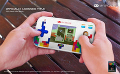 My Arcade held in hand to show size and pocket-friendly portability benefit