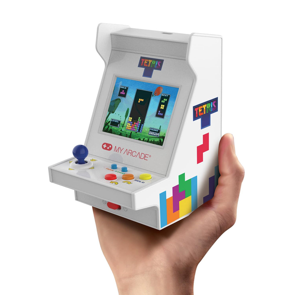 My Arcade Tetris Nano Player Pro front view shows a compact retro handheld for on-the-go play.