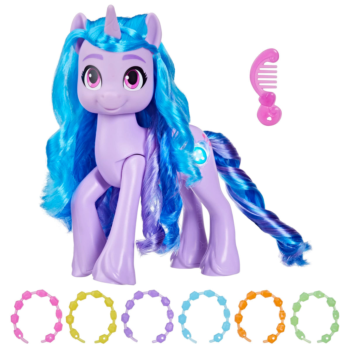 My Little Pony Izzy Moonbow light-up Cutie Mark reveals your sparkle color.