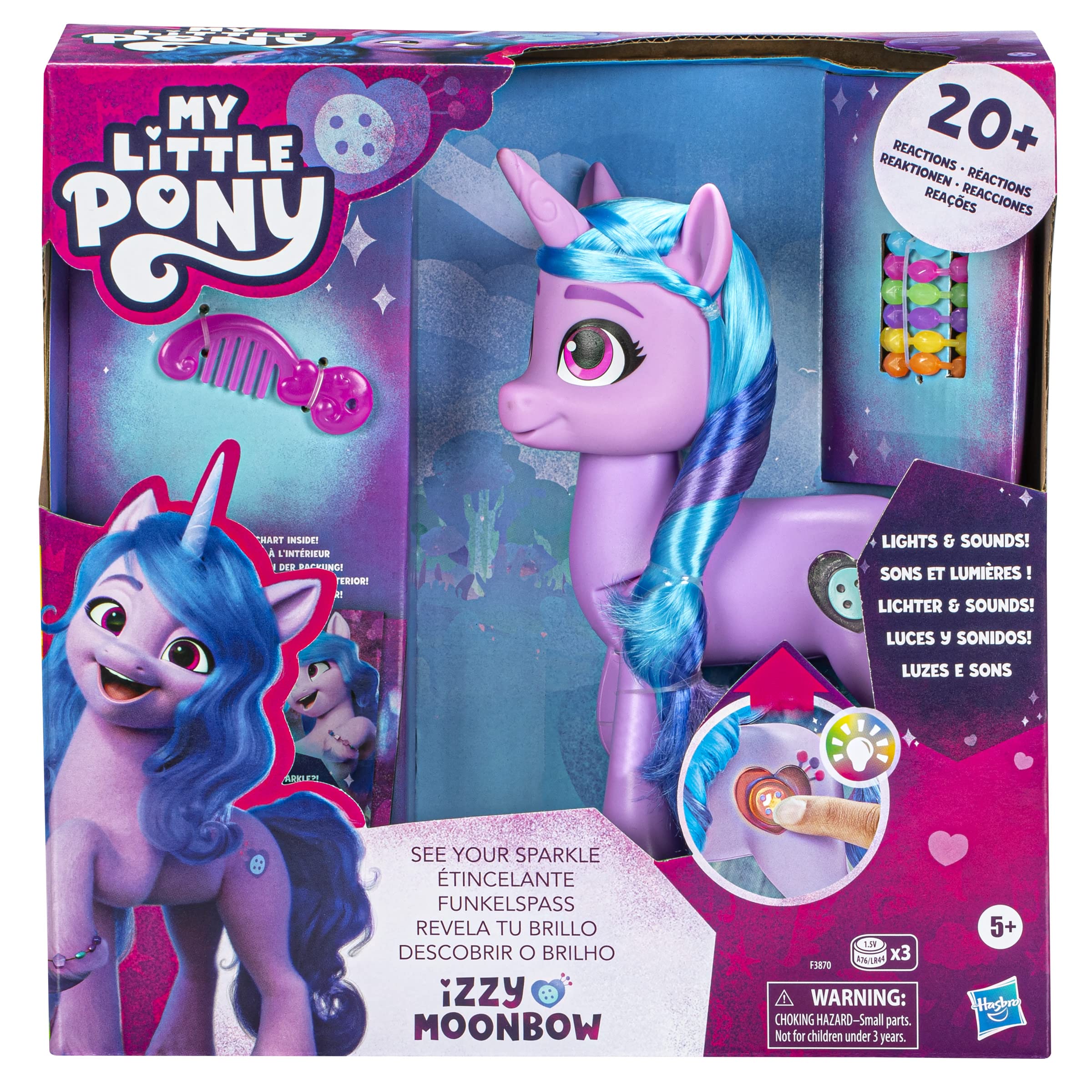 My Little Pony Izzy Moonbow lights and music enhance imaginative play sessions.