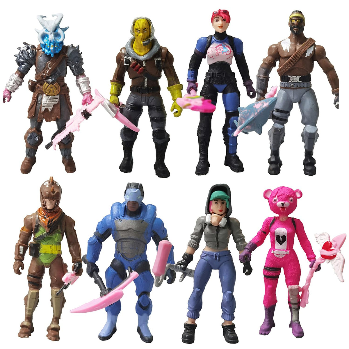 Myatou 8-piece video game figurines set displayed together on a shelf for cohesive display