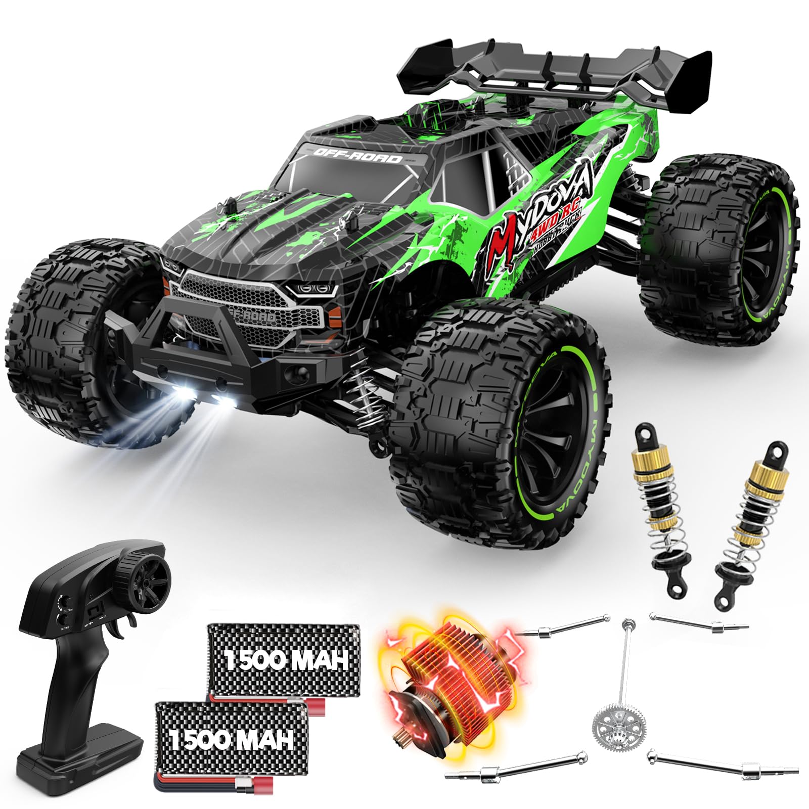 MYDOVA 1:14 scale RC car in action on rough terrain for high-speed fun.