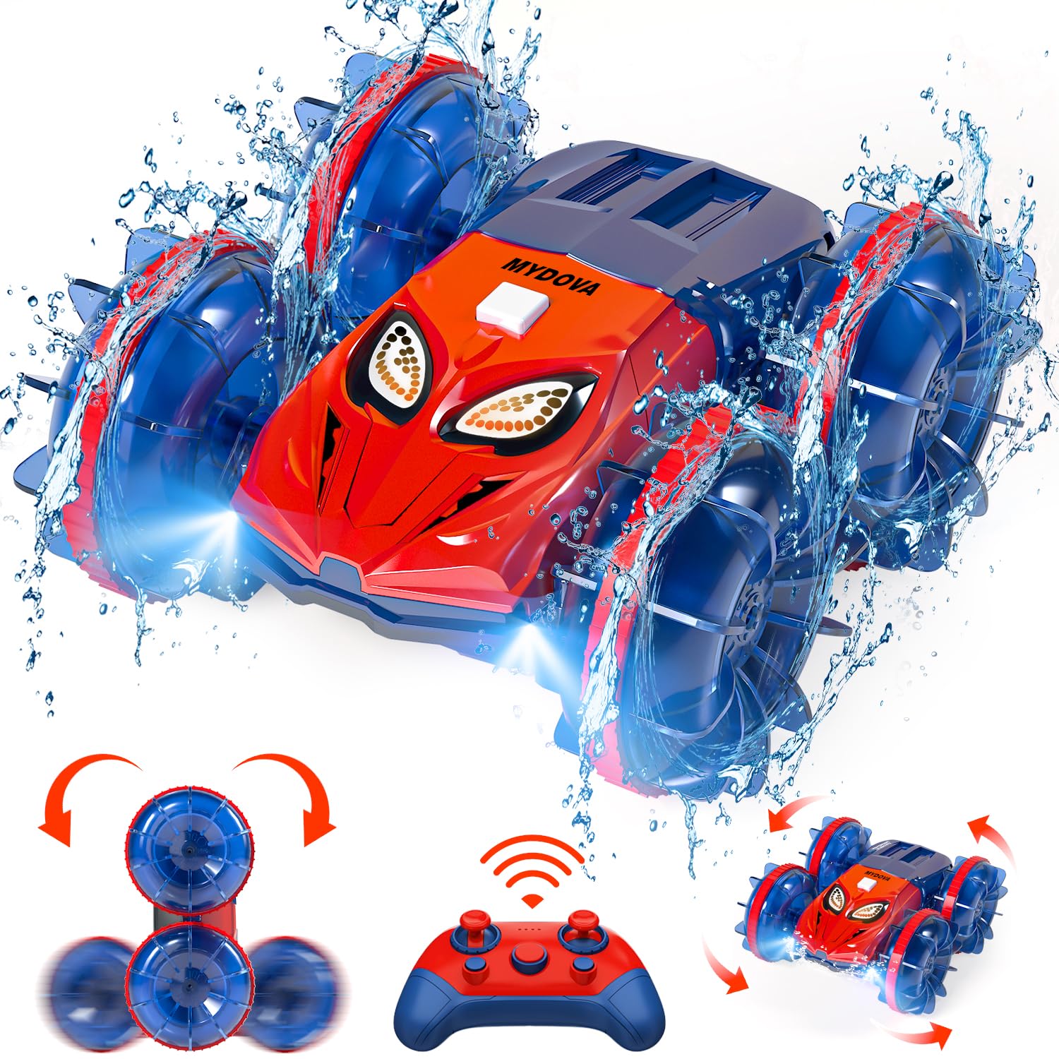 MYDOVA 4WD RC car front view shows waterproof body for poolside adventures.