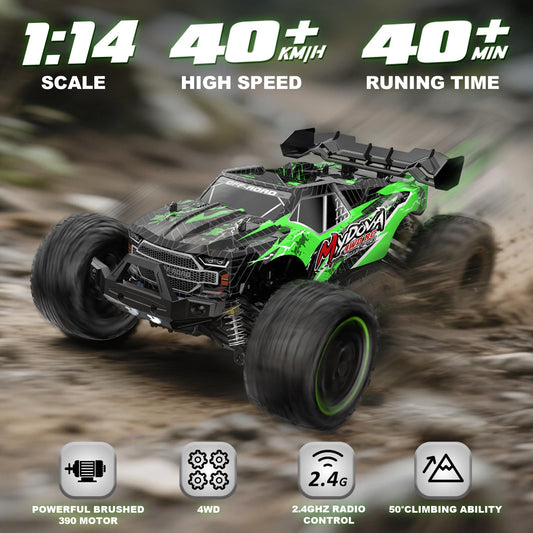 MYDOVA 4x4 off-road Truggy navigating grass and sand with strong grip.