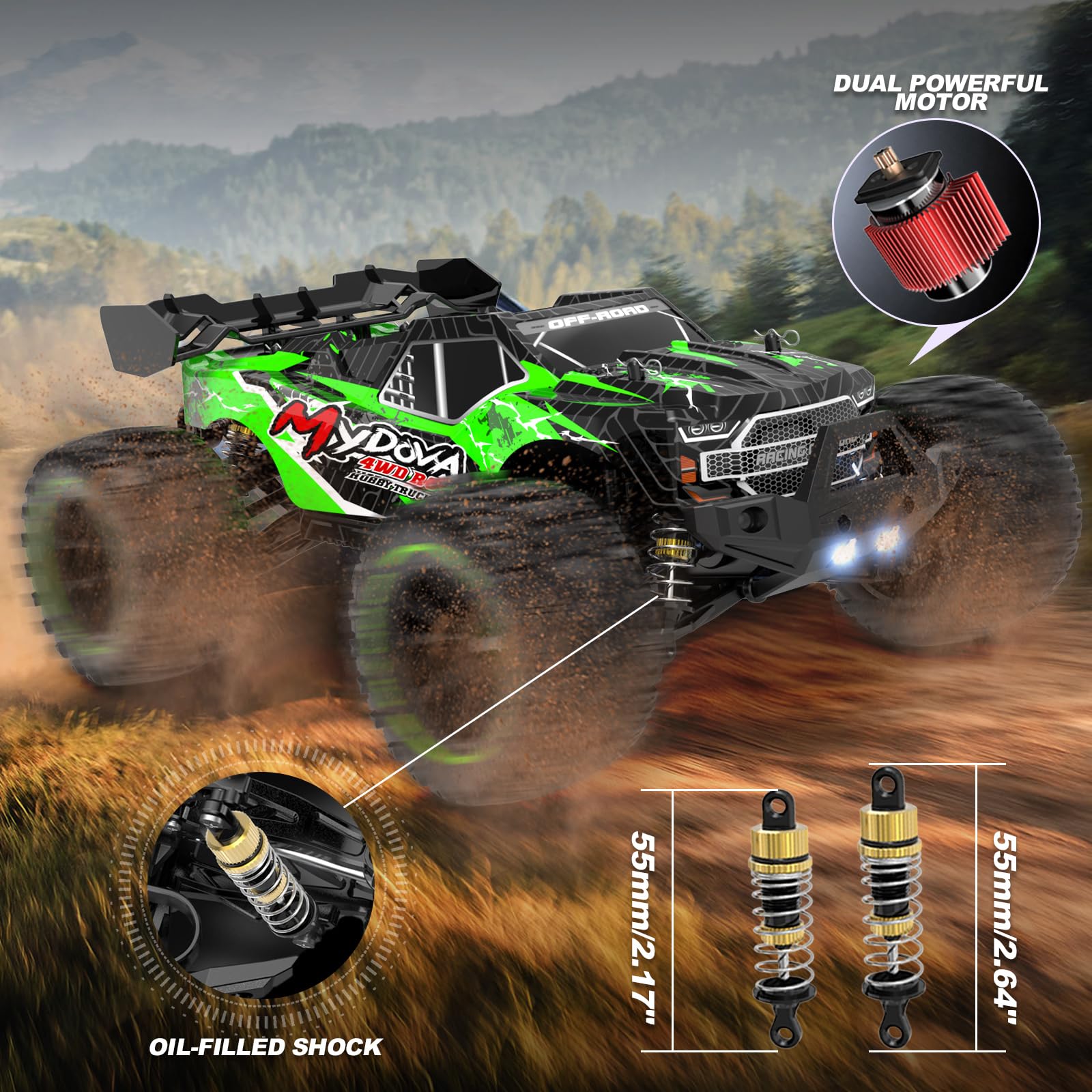 MYDOVA RC car showing waterproof ESC for reliable wet-surface play.