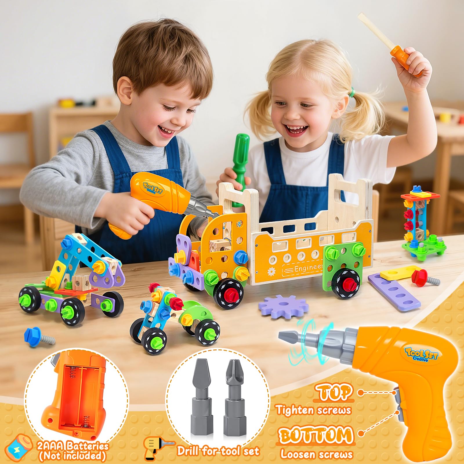 Myfolrena drill set emits pretend sounds, boosting pretend repair play.