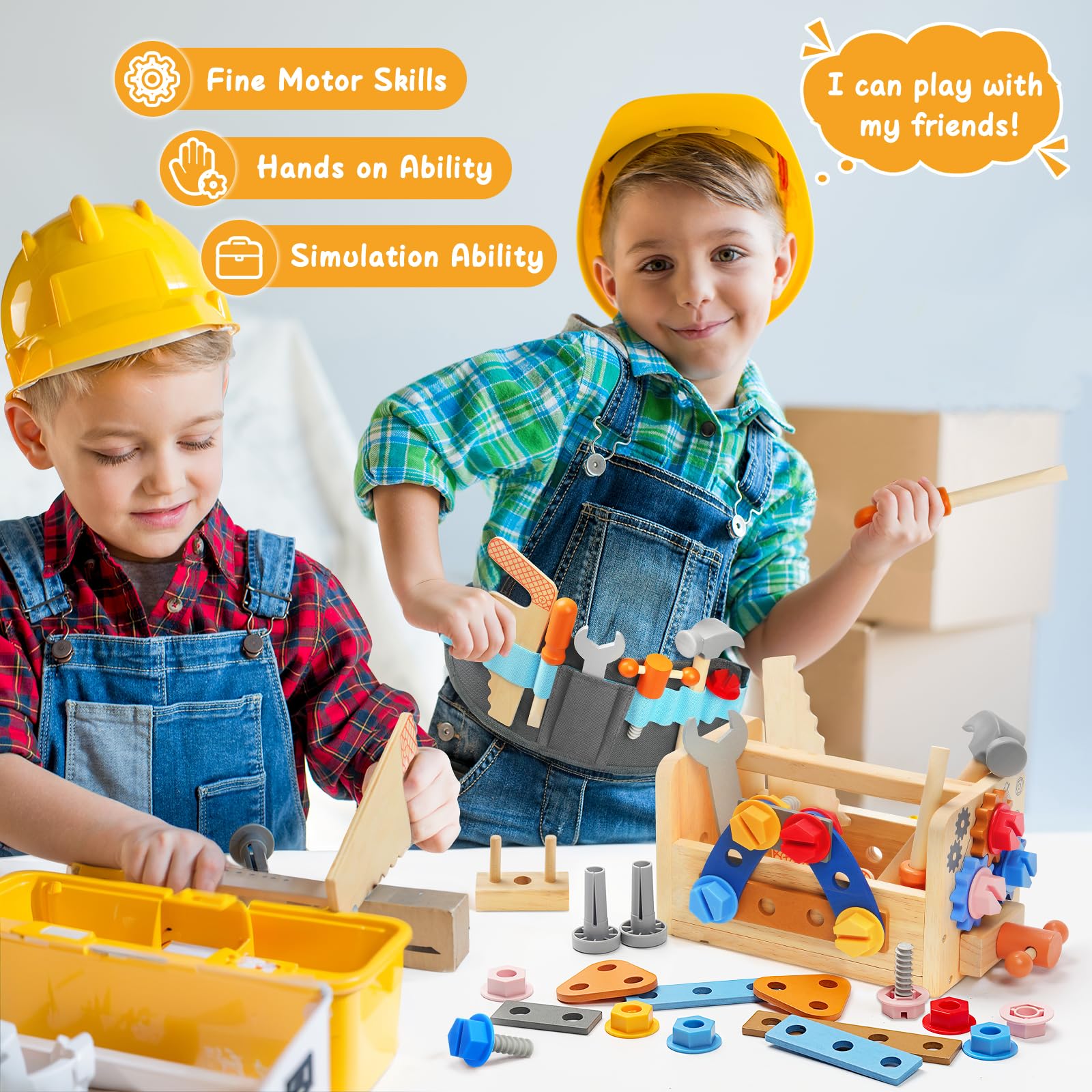 Myfolrena Kids Tool Set with Belt, hammering action supports motor skills.