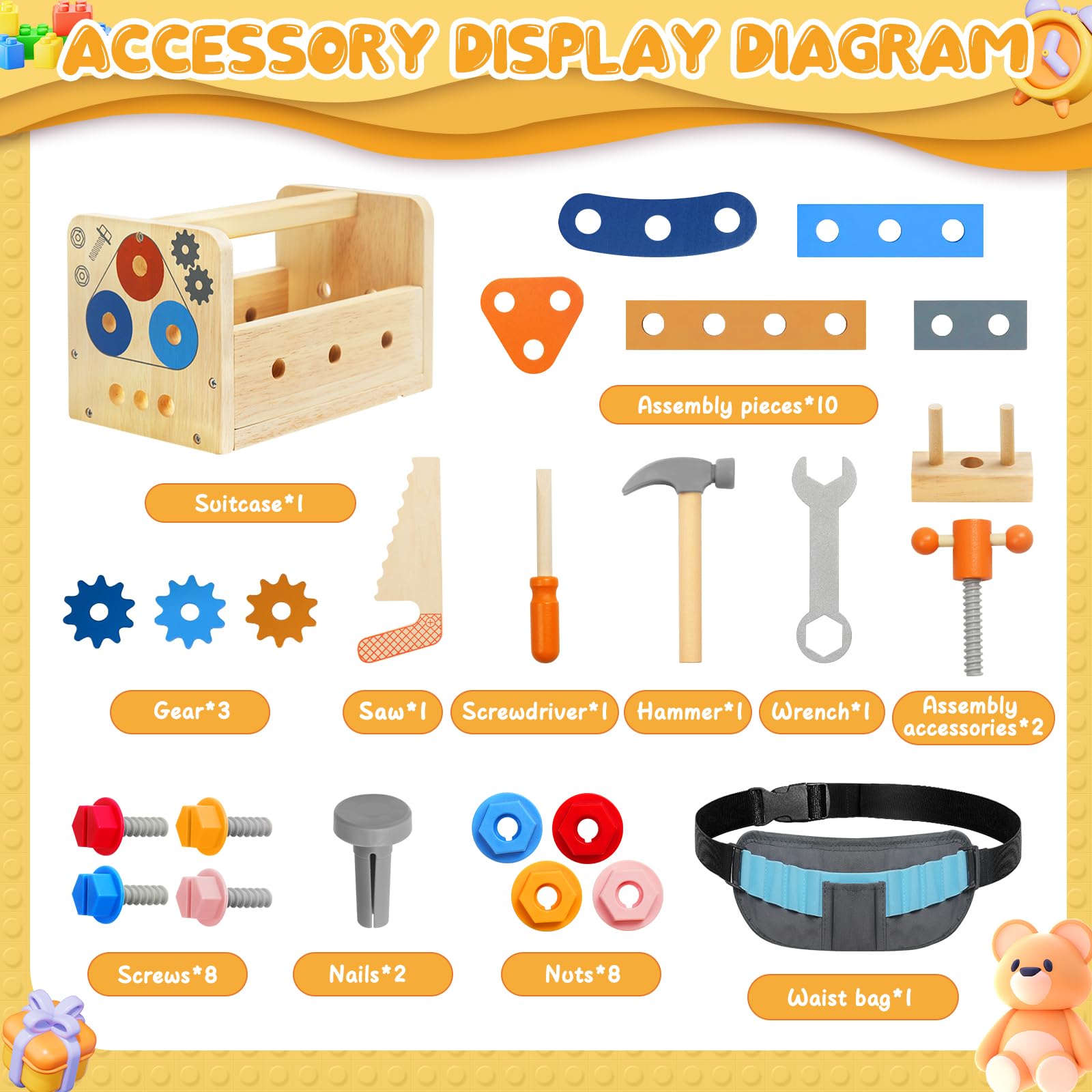 Myfolrena Kids Tool Set with Belt, nuts and bolts invite simple assembly tasks.