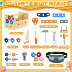 Myfolrena Kids Tool Set with Belt, nuts and bolts invite simple assembly tasks.