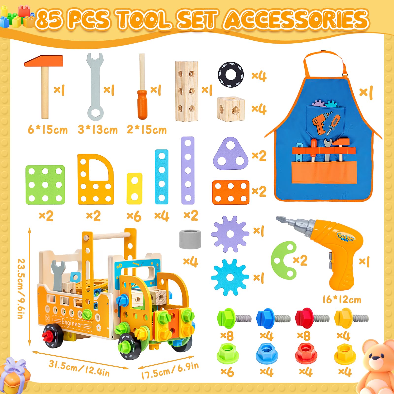 Myfolrena wooden nuts, bolts, and hammer for realistic pretend fixing.