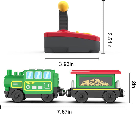 MyKaFort train set on wooden rails showing compatibility with Brio and Thomas