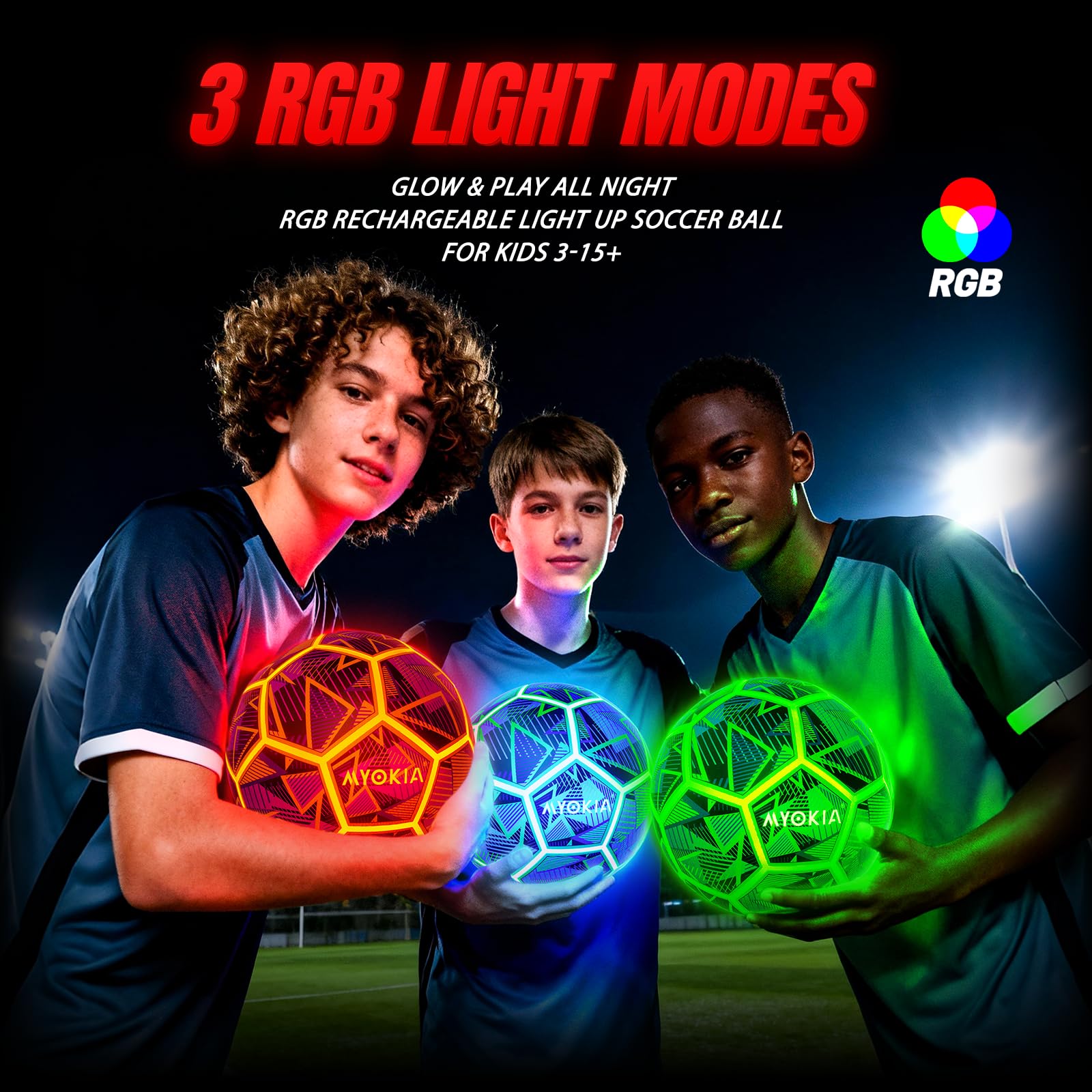 MYOKIA Size 5 glow ball in motion leaves a bright LED trail for night play