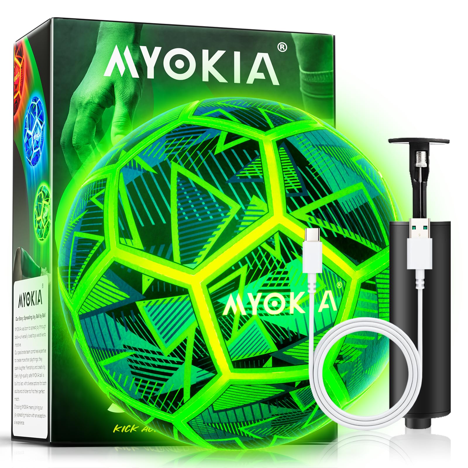 MYOKIA Size 5 glow soccer ball outer view with vivid RGB glow for night play