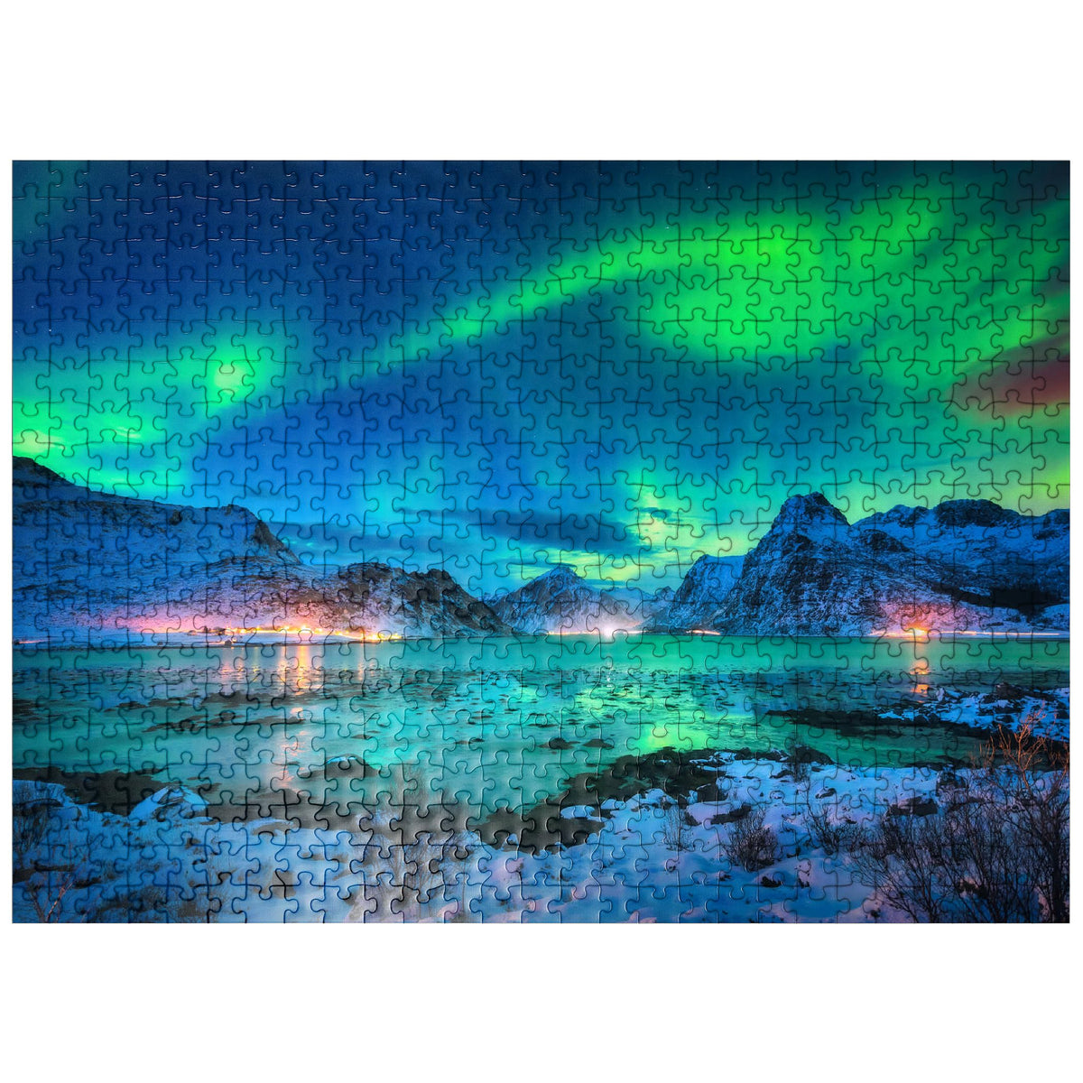 MyPuzzle aurora borealis over sea coast puzzle shows vivid colors for immersive evenings.