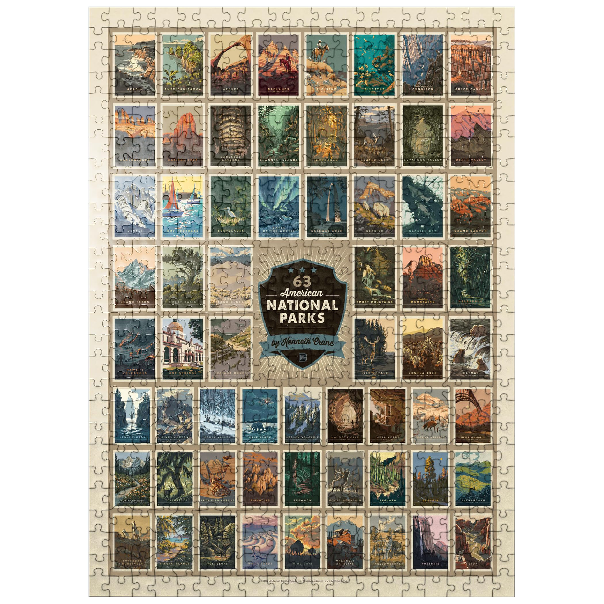 MyPuzzle 63 American National Parks poster on the box front, classic Kenneth Crane artwork for display.