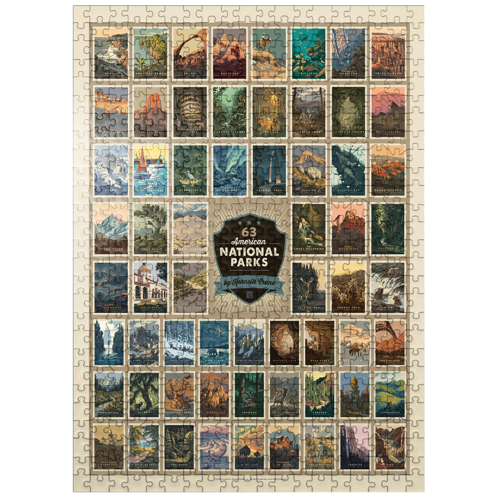 MyPuzzle 63 American National Parks poster on the box front, classic Kenneth Crane artwork for display.