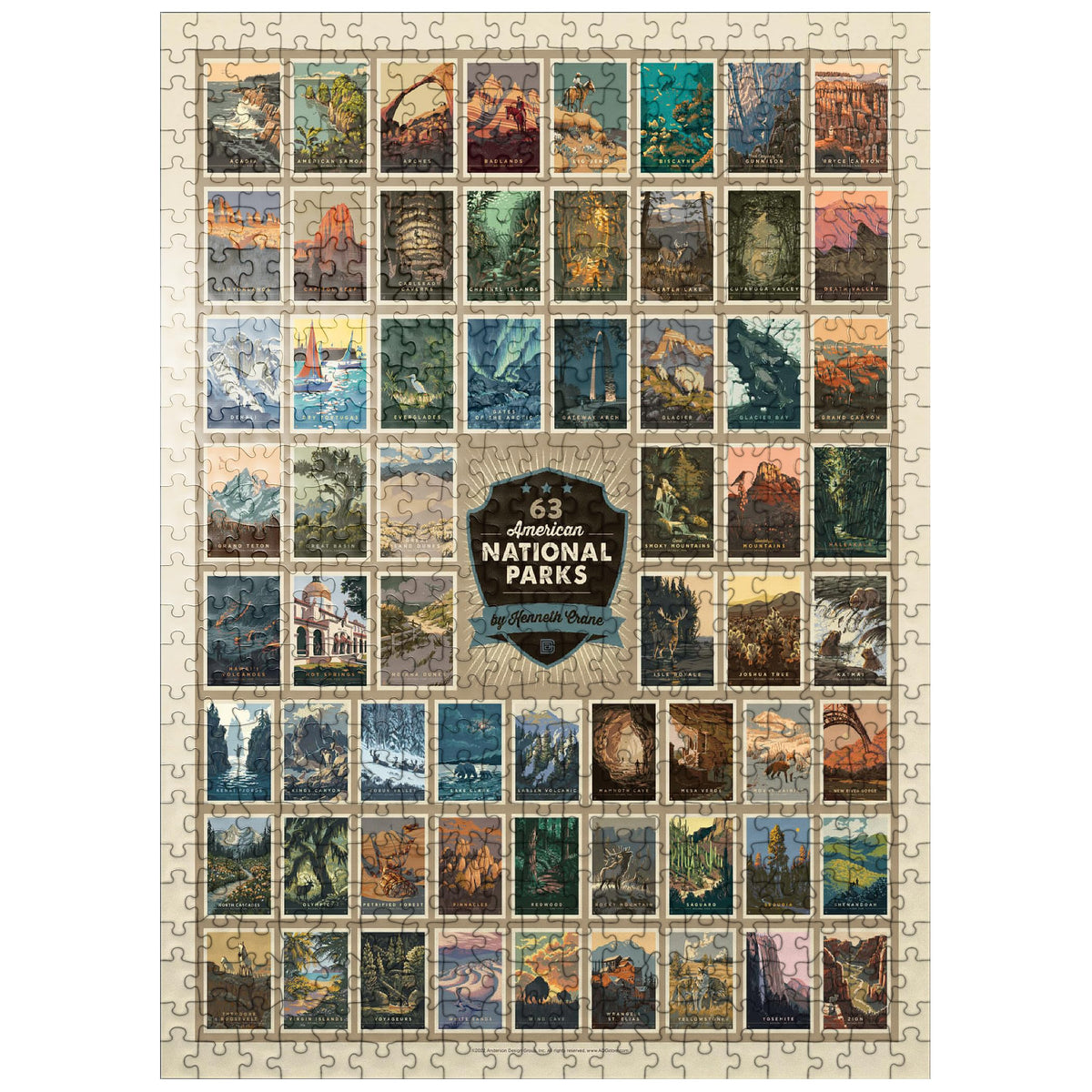 MyPuzzle 63 American National Parks poster on the box front, classic Kenneth Crane artwork for display.