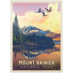 MyPuzzle Mount Rainier Daybreak poster enhances puzzle sessions with vivid vintage artwork.