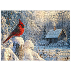 MyPuzzle cover image shows a vivid northern cardinal on snow for immersive, relaxing puzzle time.