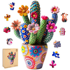 Mys Aurora cactus flower wooden puzzle pieces in vibrant colors for adults.