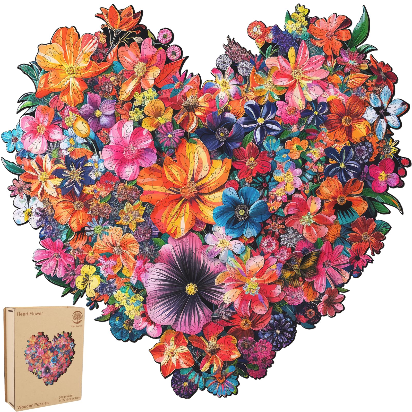 Mys Aurora heart flower puzzle close-up showing vivid hand-painted pieces for vibrant play.